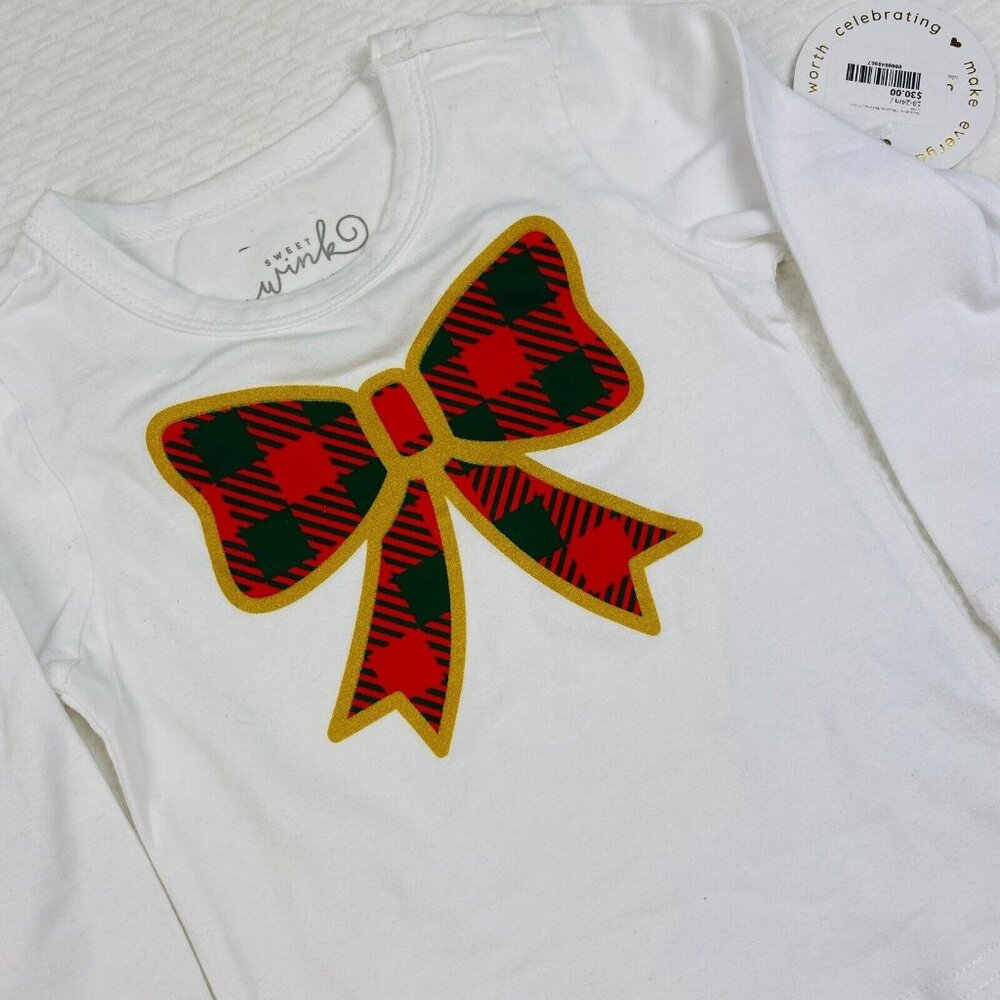 Sweet Wink Tee Shirt Girls Sz 18 - 24 M White Christmas Plaid Bow Long Sleeve